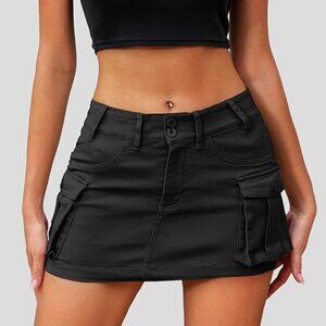 Mini Cargo Skirts for Women High Stretchy, Low Waist Y2k Skirt Button Cute Denim
